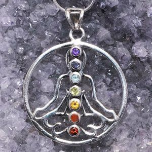 Sterling Silver Meditating Genuine Gemstone Chakra Yoga Necklace w Chain
